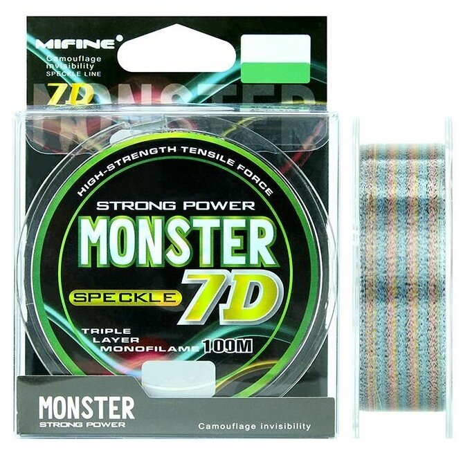 Леска рыболовная MIFINE MONSTER 7D (100м); (d - 0,18мм); (тест - 8,63кг)