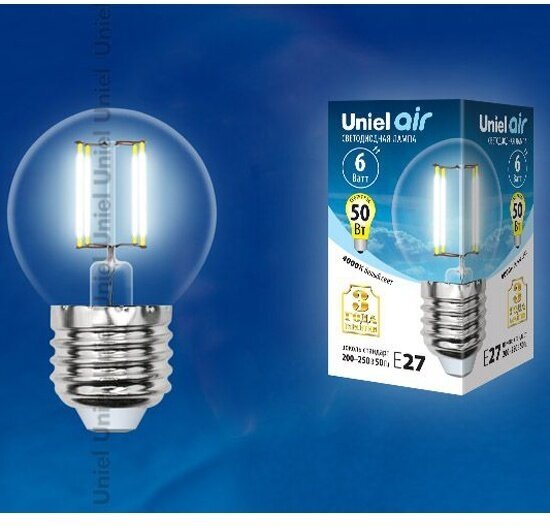 Светодиодная лампа Uniel LED-G45-6W/NW/E27/CL GLA01TR Форма "шар", прозрачная. Серия Air. Белый свет (4000K). Картон. ТМ