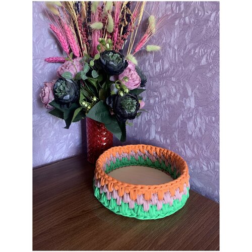 Корзина для хранения мелочей хлопок и дерево/ для косметики/ органайзер круглый/ для детской/ для подарка