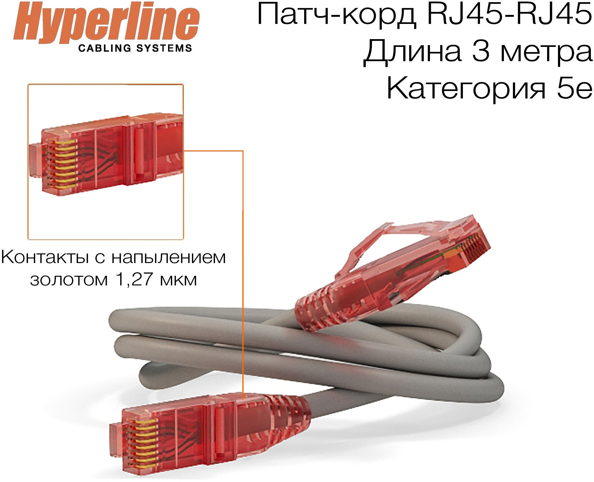 Патч-корд Hyperline U/UTP, сетевой кабель Ethernet Lan для интернета, категория 5e, витой, 100% Fluke, LSZH, 3 м, серый