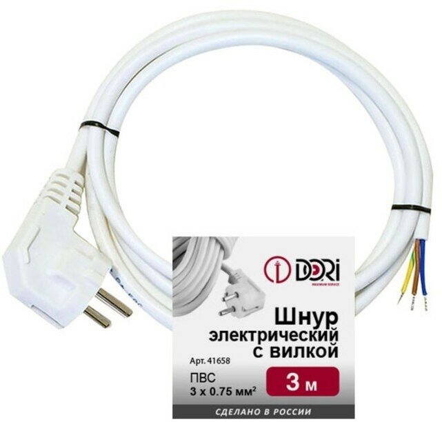 Шнур DORI ПВС 3х0,75 с вилкой белый 3м 9580324