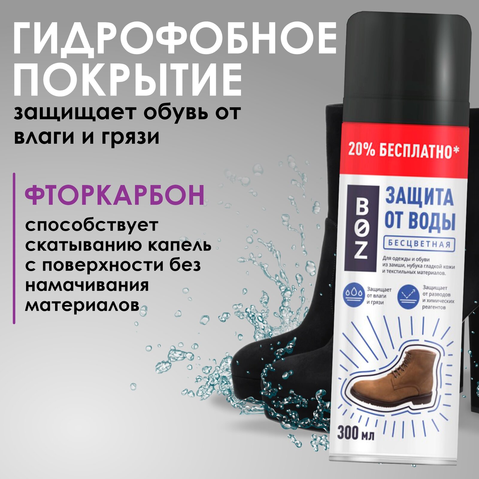 Водоотталкивающий спрей для обуви и одежды "Boz" 300мл. Пропитка для обуви от воды, снега, грязи, реагентов. — фото 1