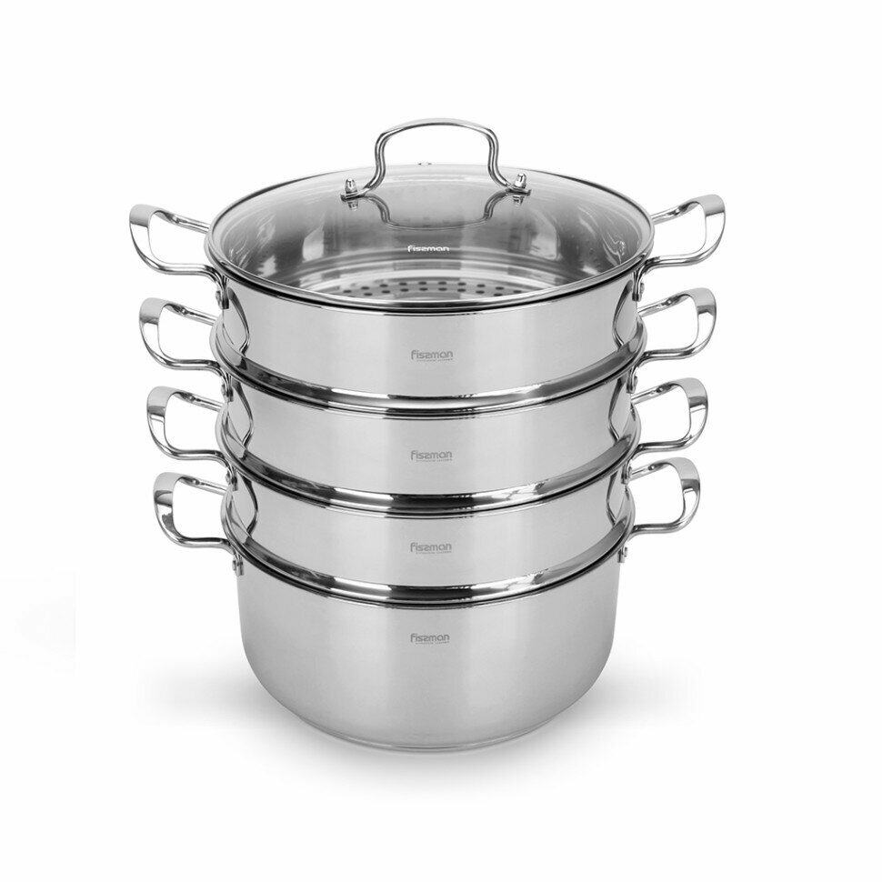 5300 FISSMAN Мантоварка HAYAAT 28x13см с тремя вставками-пароварками 28x8см (нерж. сталь) Съемные вставки-пароварки; Ручки-нерж. сталь; Крышка-стекло; Индукция; Термоаккумулирующее многослойное дно