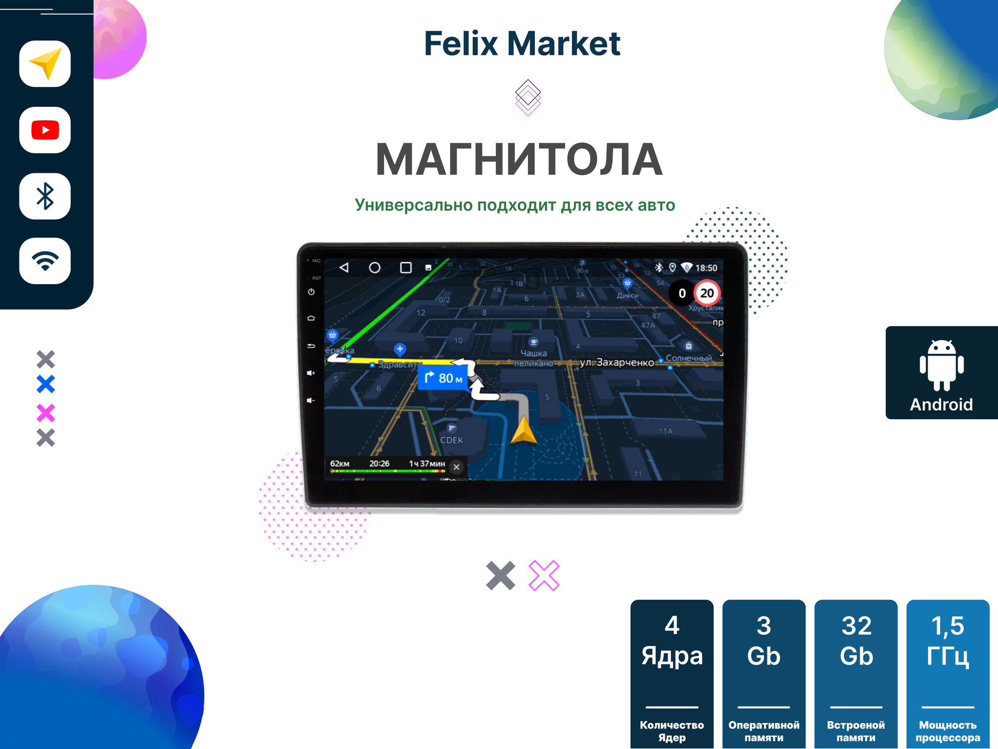 Автомагнитола 3/32 /2din 9 дюймов, USB, AUX, Bluetooth, Android 14/ядер-4/Куллер охлаждения + камера заднего вида
