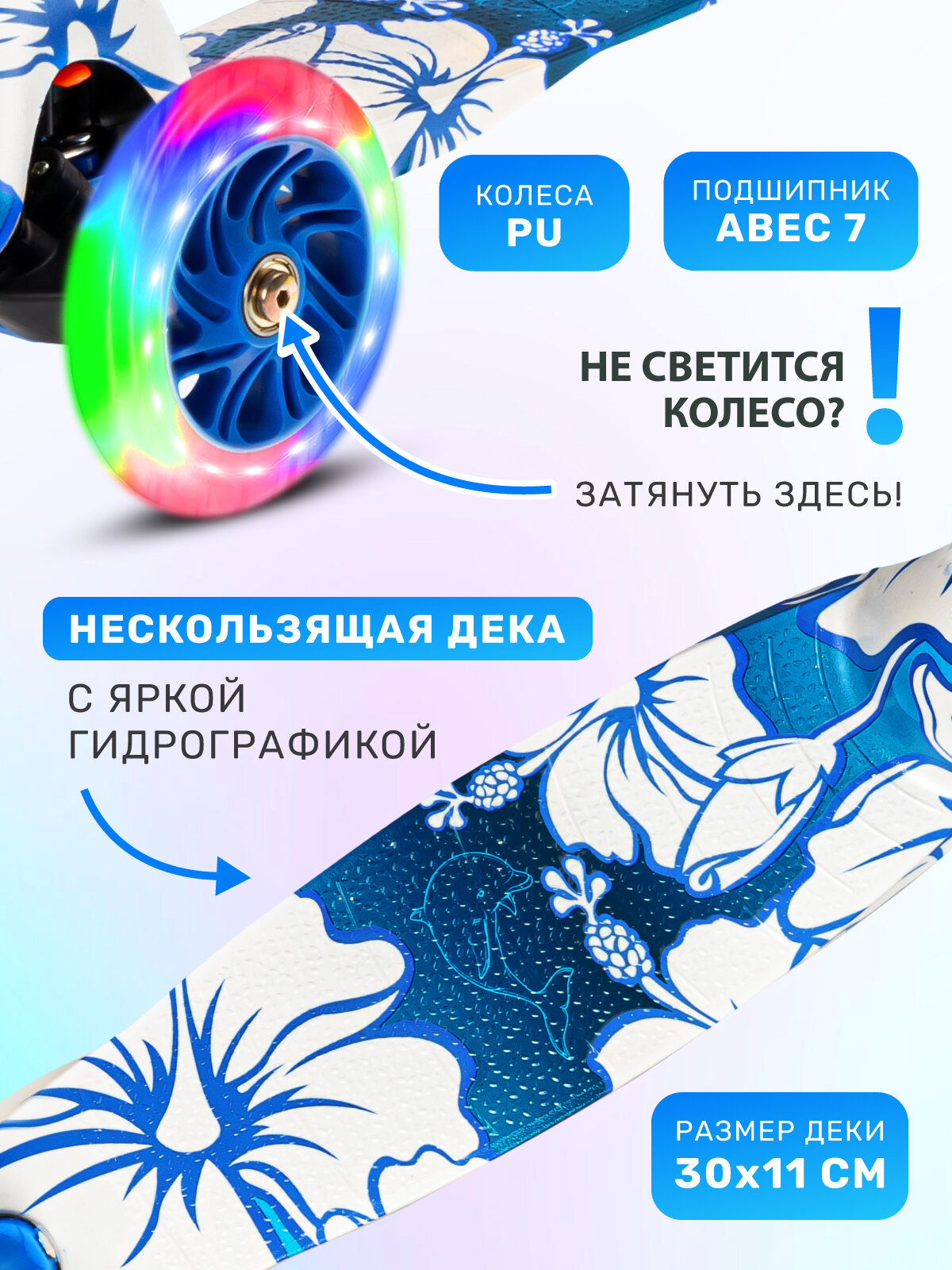 Самокат детский трехколесный CITYRIDE, дека гидрографика 30*11, колеса PU 120/76, руль телескопический, CR-S4-05CD/WB — фото 1