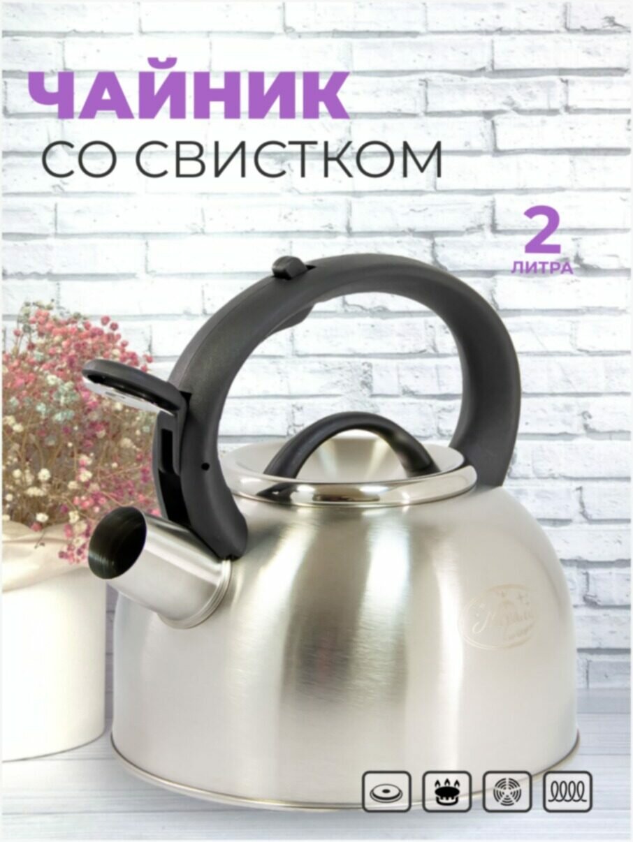 Чайник со свистком Мерали 2 литра из нержавеющей стали для газовой электрической и индукционной плиты