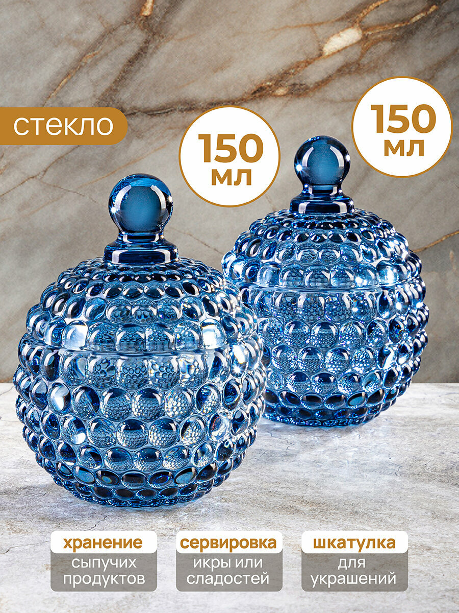 Горшочек для меда, для варенья 2 шт по 150 мл Elan Gallery Пузырьки синий, набор
