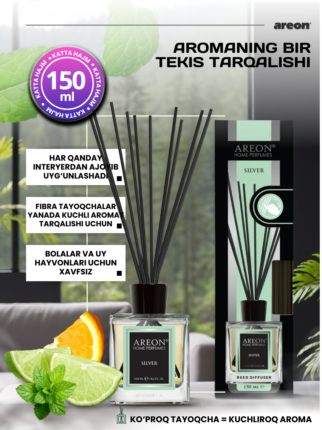 Ароматизатор-диффузор для дома Areon Home Perfume серия Lux, аромат Silver, 150 мл + аромасаше в подарок — фото 1