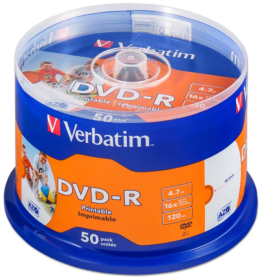 Диск DVD-R Verbatim 4,7Gb 16x Printable cake 50 шт. (43533)