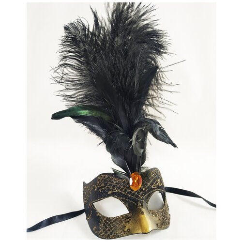 фото Венецианская маска с перьями, черная с золотым giacometti