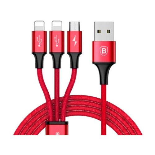 Кабель Baseus 3 in 1 Rapid Series USB - microUSB/2xLightning (CAMLL-SU), 1.2 м, красный кабель baseus 3 in 1 rapid series usb microusb 2xlightning camll su 1 2 м 1 шт черный