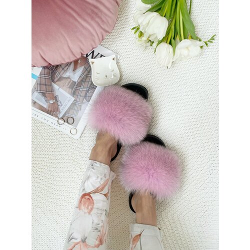 фото Тапочки лапки кошки, натуральный мех, нескользящая подошва, размер 41, розовый