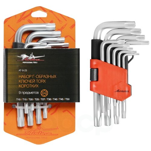 фото Набор г-образных ключей torx с отв. коротких 9 предметов (т10, т15, т20, т25, т27, т30, т40, т45, т50) пласт.подвес airline арт. at923