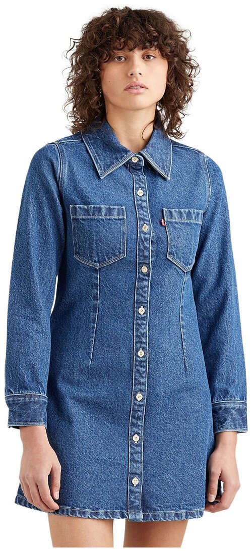 Платье Levis, деним, хлопок, повседневное, мини, карманы, размер XS, синий