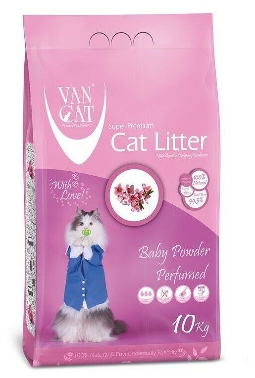 Van Cat Комкующийся наполнитель без пыли с ароматом Детской присыпки, пакет (Baby Powder)UNRI004, 10 кг - фотография № 2