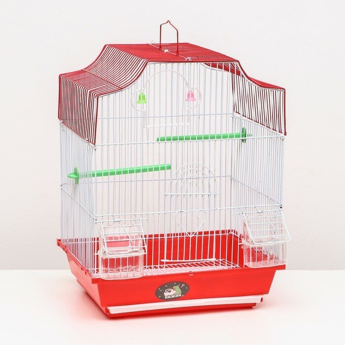Клетка для птиц фигурная с кормушками, 34 х 27 х 44 см, красная - фотография № 1
