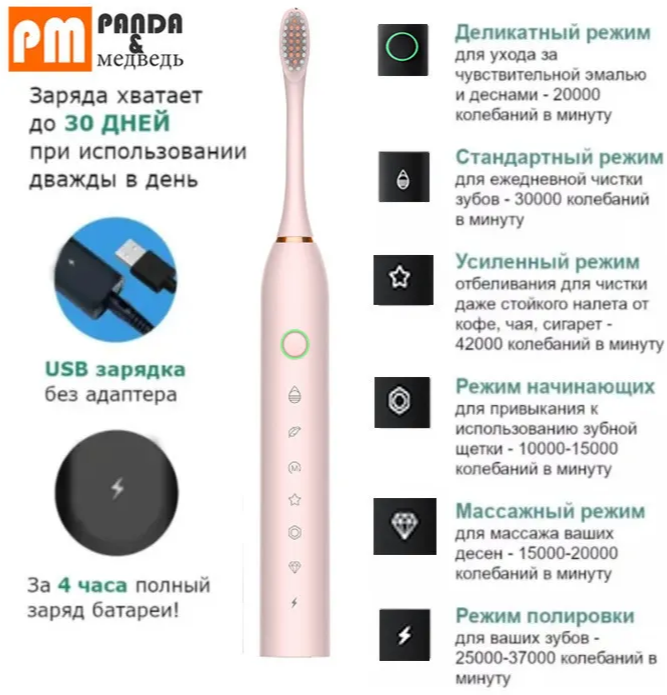 Электрическая зубная щетка Panda & Медведь TOOTHBRUSH звуковая , розовый - фотография № 8