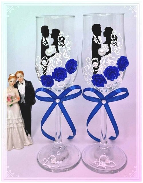 Свадебные бокалы с розочками в синем цвете 23 см/фужеры для шампанского/ бокалы свадебные/свадьба/бокалы молодоженов/свадьба/свадебные аксессуары