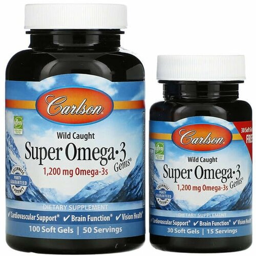 Super Omega-3, высокоэффективная омега-3, 1200 мг, Carlson Labs, 100+30 капсул carlson wild caught super omega 3 gems высокоэффективная омега 3 из морской рыбы 600 мг 250 капсул