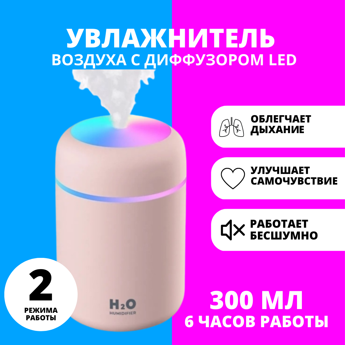 Аромадиффузор-ночник Humidifier H2O, розовый - фотография № 1