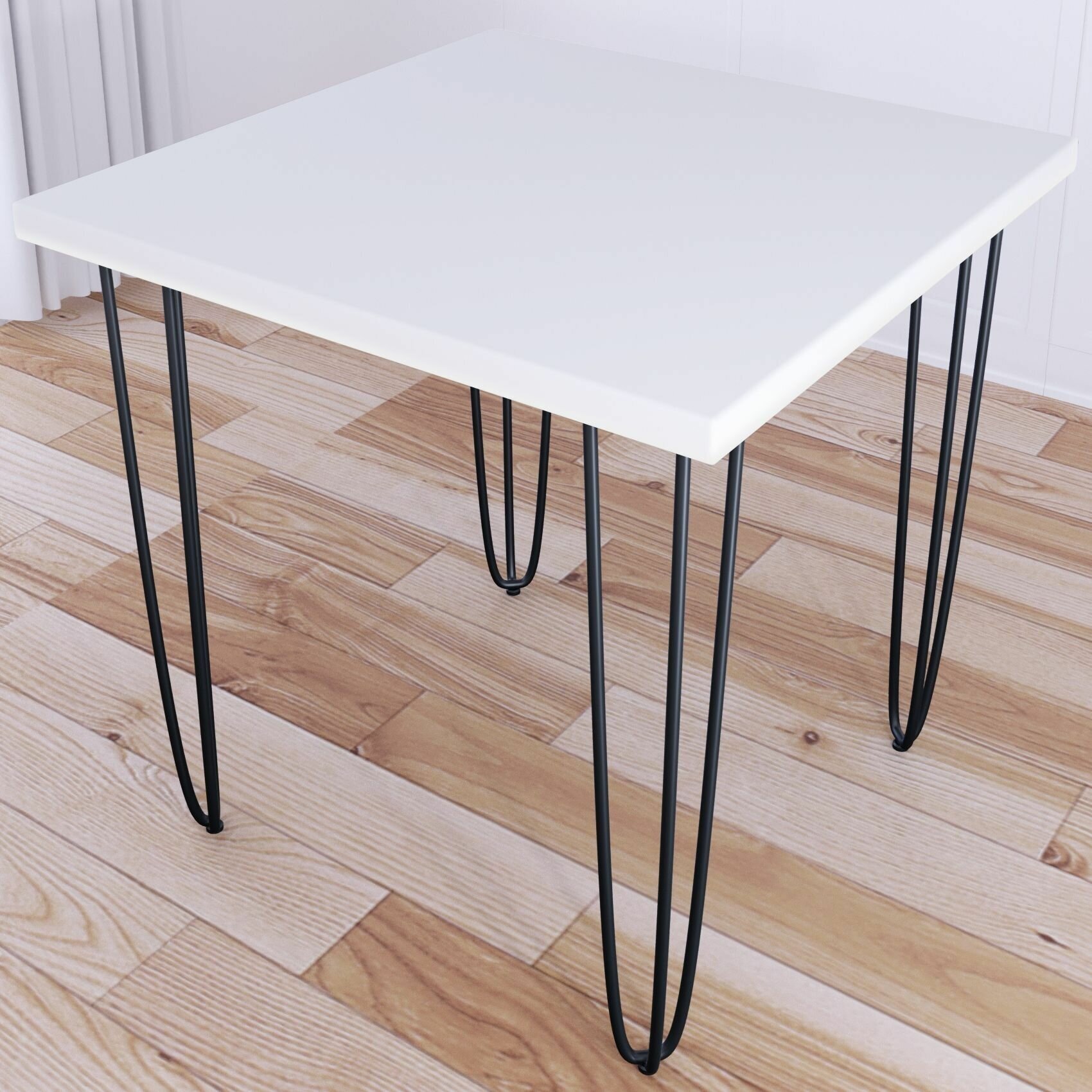 Стол кухонный Loft с квадратный столешницей белого цвета из массива сосны 40 мм и черными ножками-шпильками 70x70х75 см