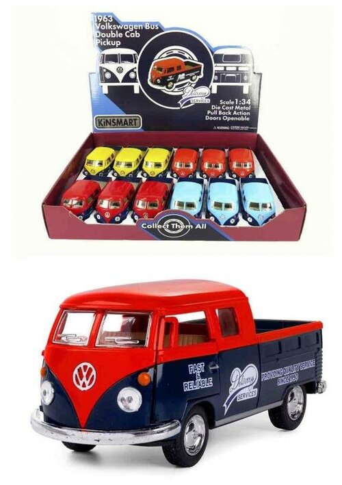 Металлическая машинка Kinsmart 1:34 1963 Volkswagen Bus Double Cab Pickup (Delivery) KT5396D инерционная / Красный