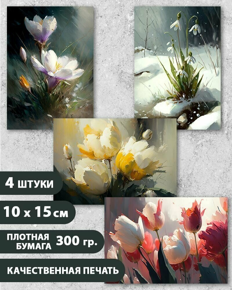 Набор открыток "Весенние цветы 5", 10.5 см х 15 см, 4 шт, InspirationTime, на подарок и в коллекцию