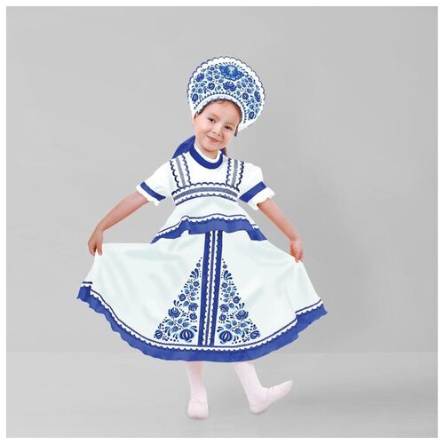 фото Карнавальный русский костюм страна карнавалия "синие цветы", платье-сарафан, кокошник, размер 34, рост 140 см, цвет белый