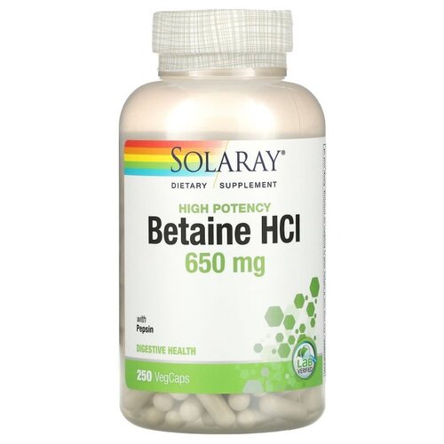 Купить Solaray High Potency Betaine HCl with Pepsin (высокоэффективный бетаина гидрохлорид с пепсином) 650 мг 250 капсул