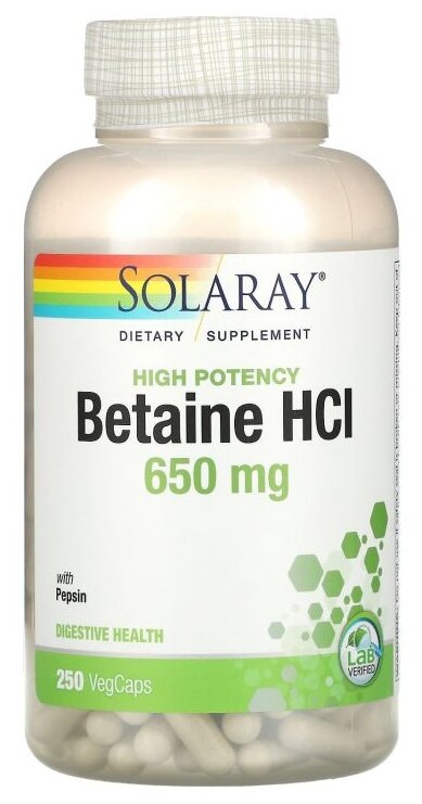 Капсулы Solaray High Potency Betaine HCl, 310 г, 650 мг, 250 шт.