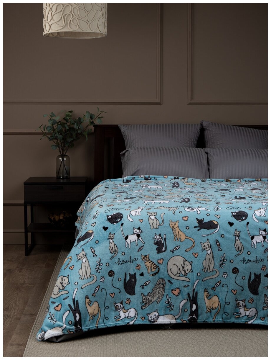 Плед TexRepublic Absolute 150х200 см, 1,5 спальный, велсофт, покрывало на диван, теплый, мягкий, голубой, серый с рисунком котики