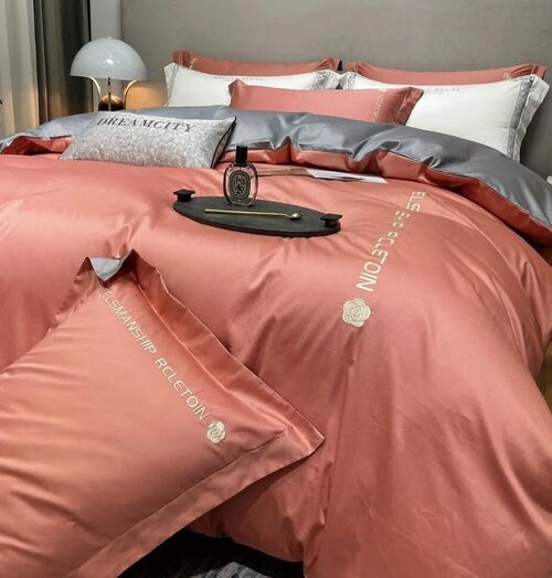 Комплект постельного белья Mency Евро пододеяльник 200х220 на молнии, простыня на резинке 180х200(+25), 4 наволочки 50х70 и 70х70, серый, розовый