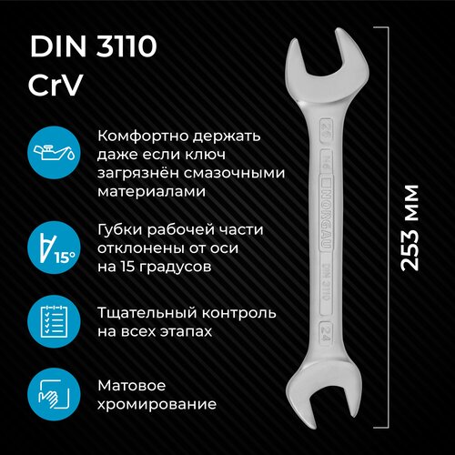 гаечный ключ 30х34 мм norgau industrial двусторонний рожковый hрm high precision machining Гаечный ключ 24х26 мм NORGAU Industrial, двусторонний рожковый, HРM High precision machining