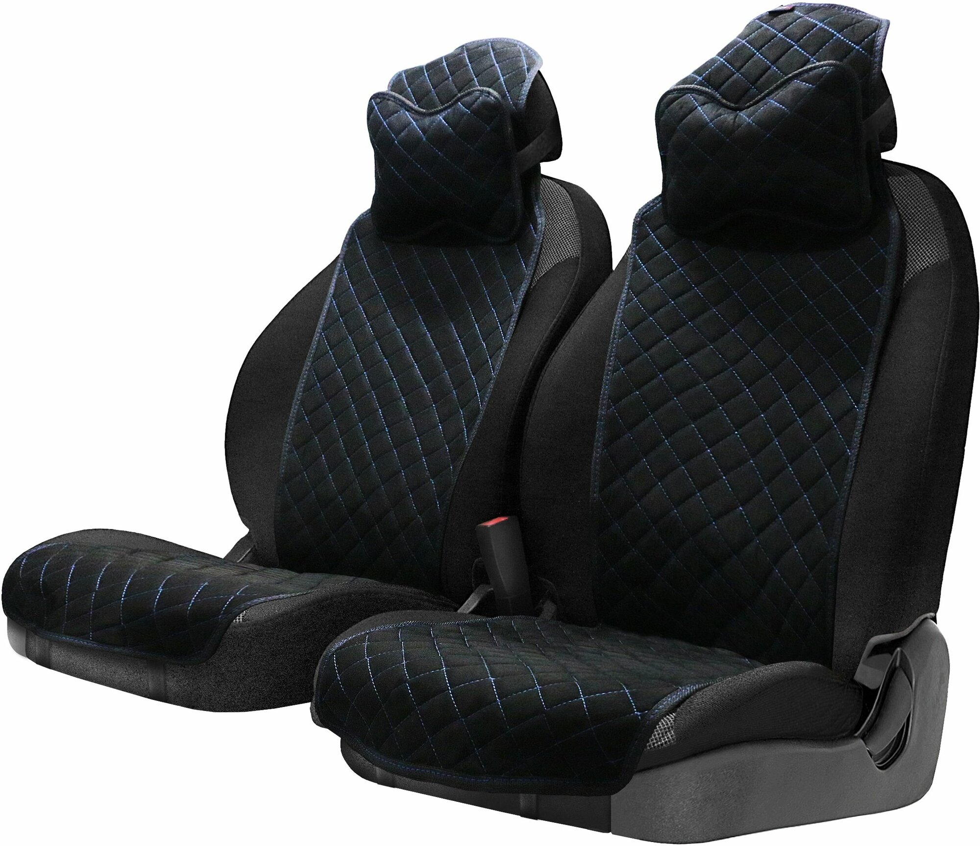 Подушка-подголовник на сиденье автомобиля из алькантары премиум-класса. Ткань ромб черный/строчка синяя/ортопедические подушки Тачкин гардероб - 2 шт.