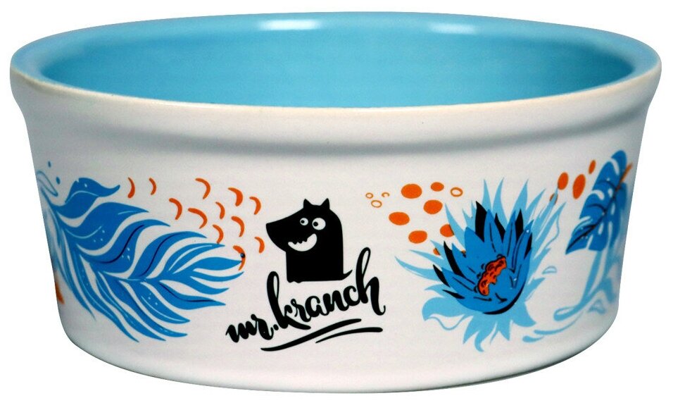 Mr. Kranch миска для собак и кошек из фарфора "Тропики", 350 мл, голубая