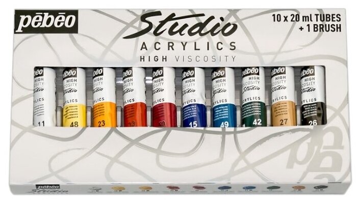 Краски акриловые PEBEO набор Studio Acrylics с кистью 10 цв. 20 мл 833311