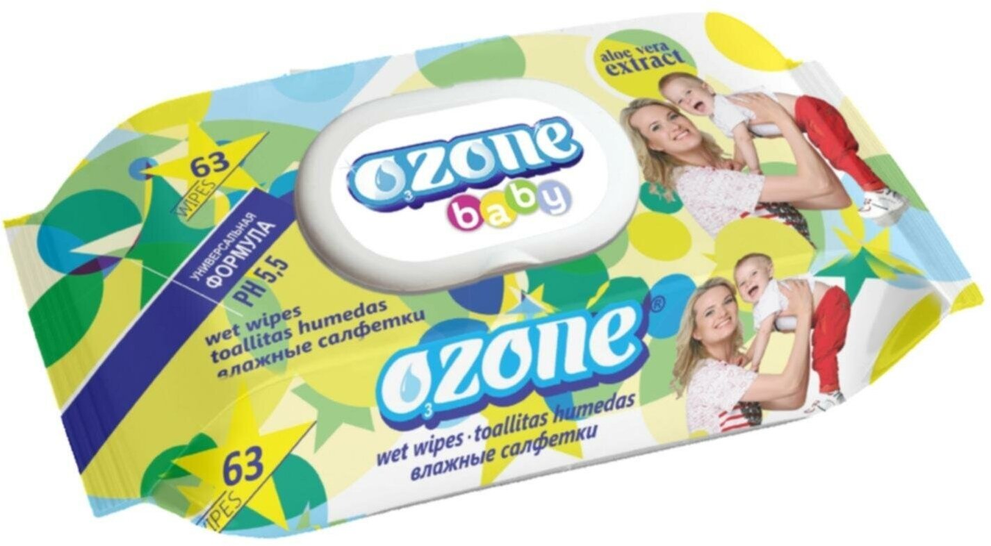 Влажные салфетки "Ozone" 63шт "алоэ вера"