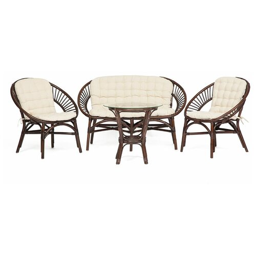 Комплект для отдыха TetChair TURKEY (стол круглый (со стеклом)+2 кресла + диван) /с подушками/ ротанг, кр:70х65х78см, дв:120х65х78см, ст:D50х56,5см, walnut (грецкий орех)