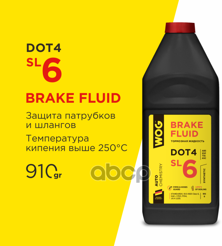 Жидкость Тормозная 910Гр - Dot 4 Sl6 Синтетическая Для Авто С Abs Esp Tsc И Asc Соответствует: Iso 4925 Class 6 Sae J 17.