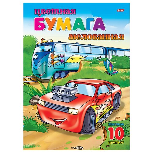 Цветная бумага А4, Хатбер Тачки, 10л,10цв, мелованная, в папке