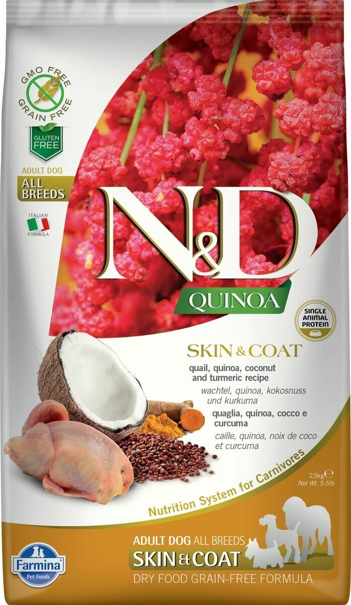 Сухой корм Farmina N&D Quinoa Skin & Coat Quail Adult, для взрослых собак всех пород, здоровье шерсти и кожи, беззерновой, перепел, киноа и кокос, 2,5 кг