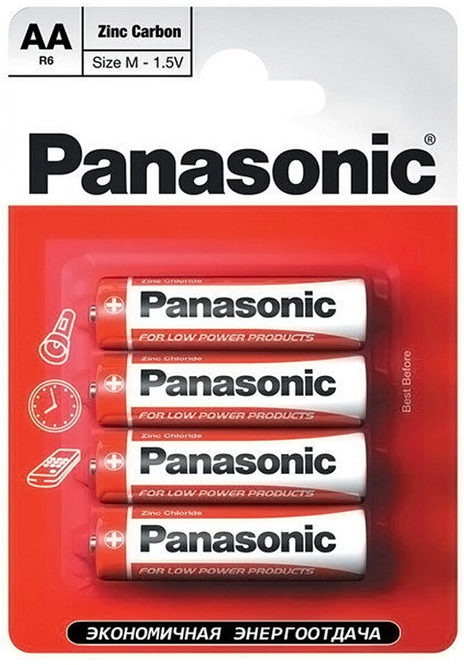 Батарейка Panasonic, АА (LR06, LR6), Zinc-carbon, солевая, 1.5 В, блистер, 4 шт