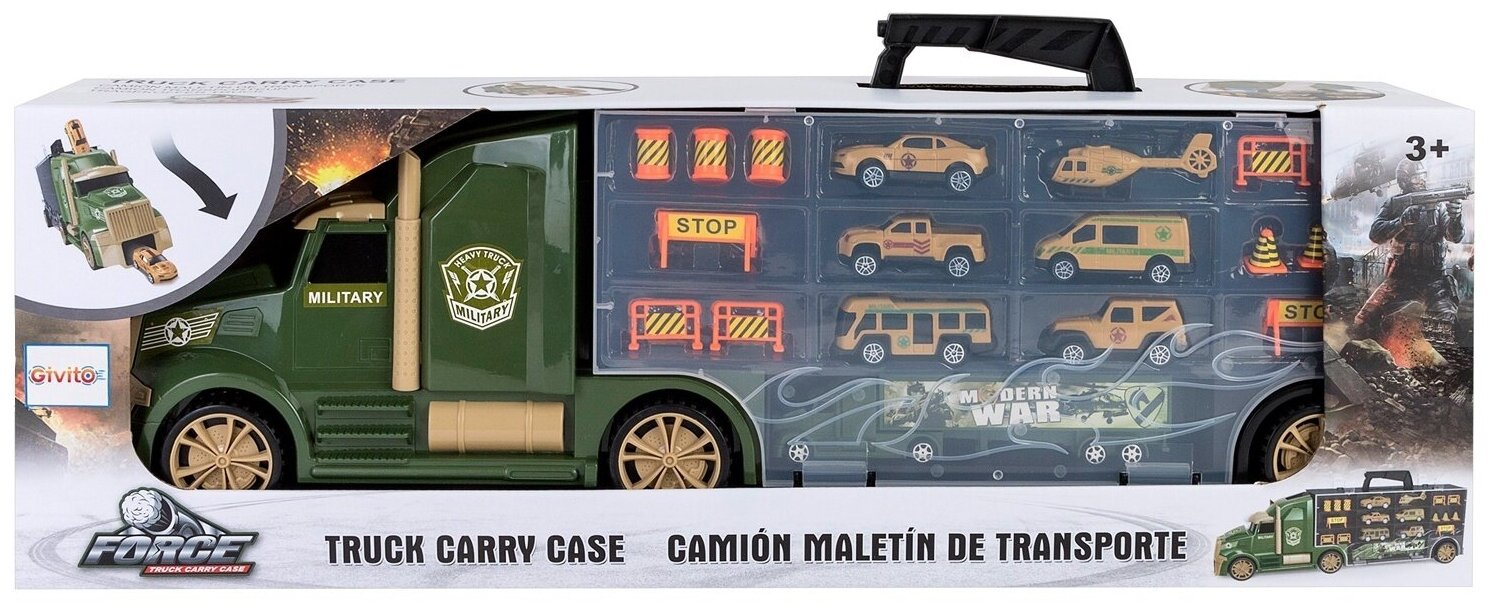 Givito "Милитари" (Автовоз - кейс 64 см, зеленый, с тоннелем. Набор из 4 машинок, 1 автобуса, 1 вертолета, 1 фуры и 12 дорожных знаков) - фото №14