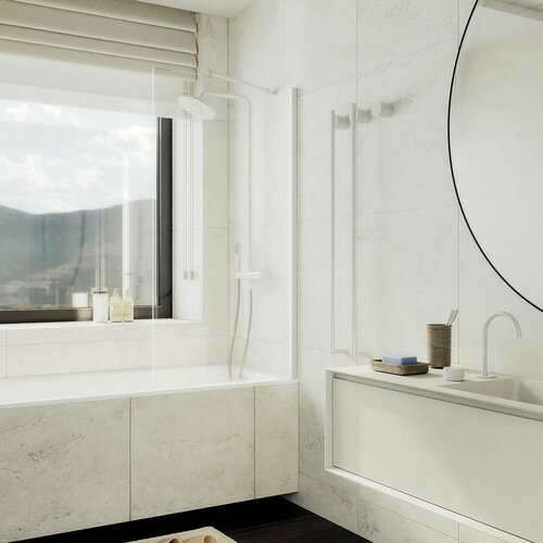 Стеклянная шторка на ванну 1400Х700, широкий профиль белый, стекло прозрачное