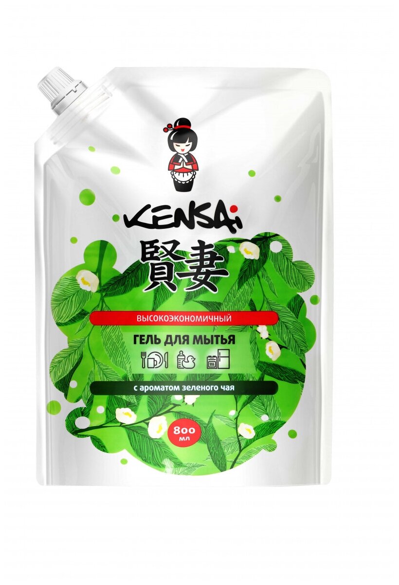 Гель для мытья посуды Kensai с ароматом зеленого чая, сменный блок, 800 мл.