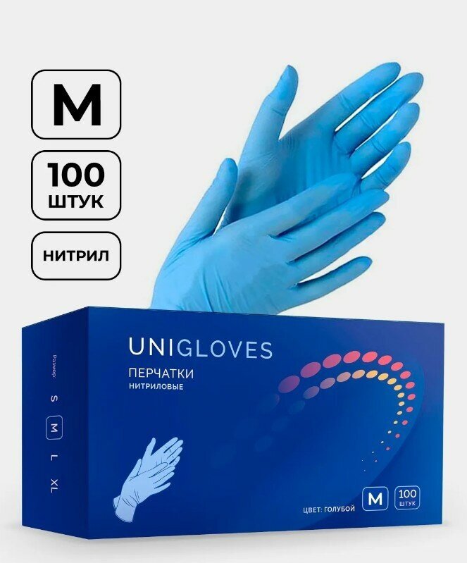 Перчатки нитриловые Unigloves, Цвет: голубой, размер M, 100 шт. (50 пар), 7 грамм нитрила пара, неопудренные нестерильные