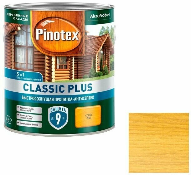 PINOTEX CLASSIC PLUS пропитка-антисептик быстросохнущая 3 в 1, сосна (0,9л)