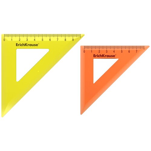 Набор из 2 угольников пластиковых ErichKrause Neon, 7см/45° - оранжевый, 9см/45° - желтый, в флоупаке