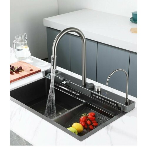 Кухонная мойка многофункциональная из нержавеющей стали 75х46 см со встроенным смесителем краном питьевой воды и водопадом с дуршлагом омывателем стаканов и разделочной доской 53041₽