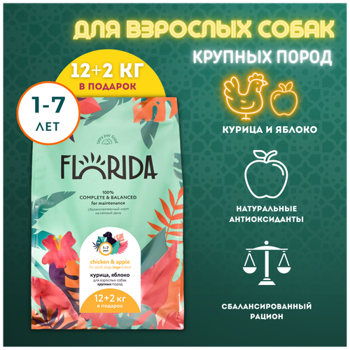 Сухой корм FLORIDA для взрослых собак крупных пород с курицей и яблоком 12+2кг